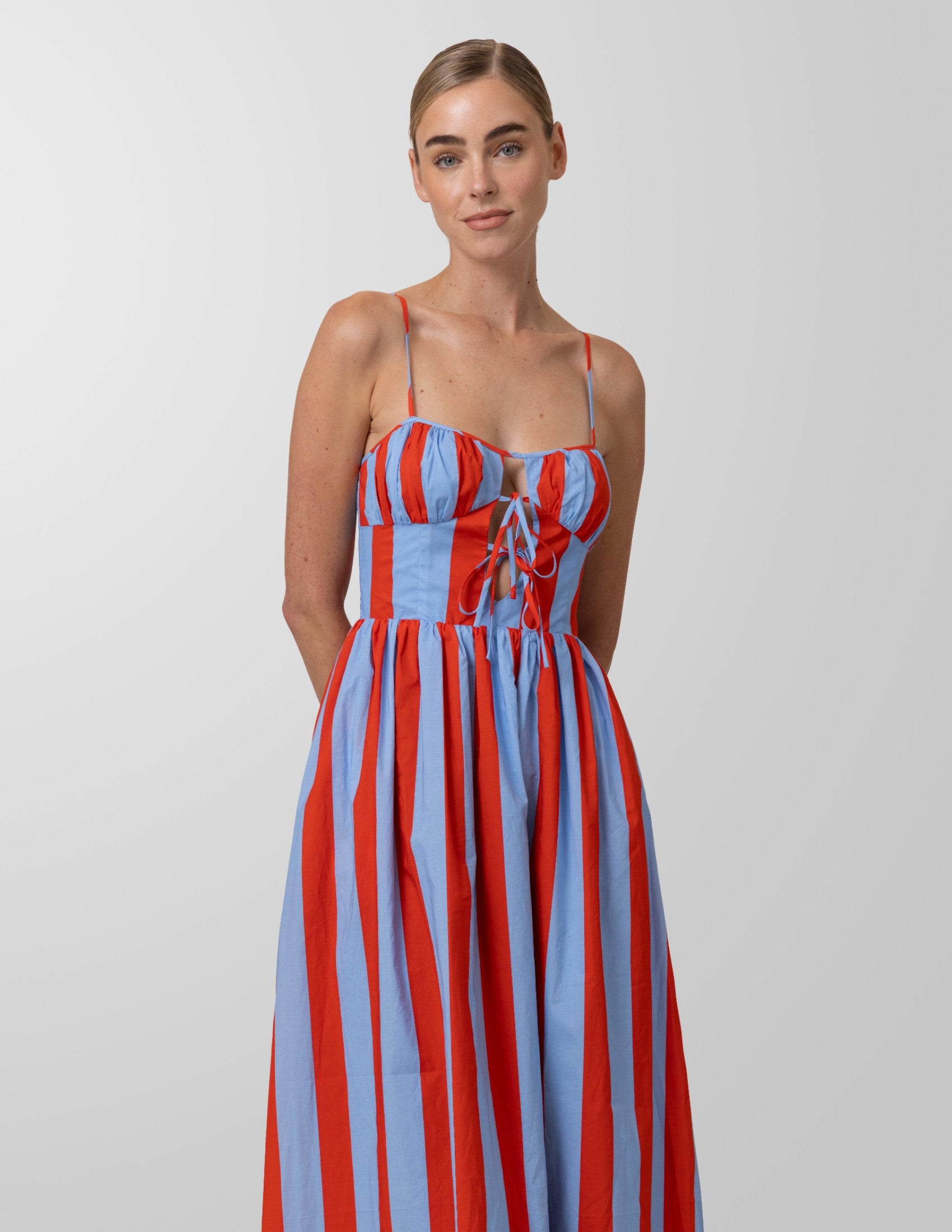 red and blue striped dress Ellison Mini Dress-Blue/Red This striped dress even has pockets Red, White and Blue Stripe