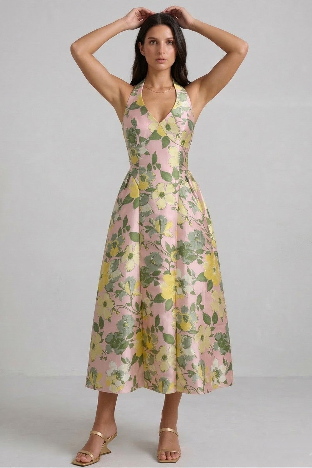 jacquard halter dress Chocolate Warehouse Satin Jacquard Halter Keyhole Front Midi Dress