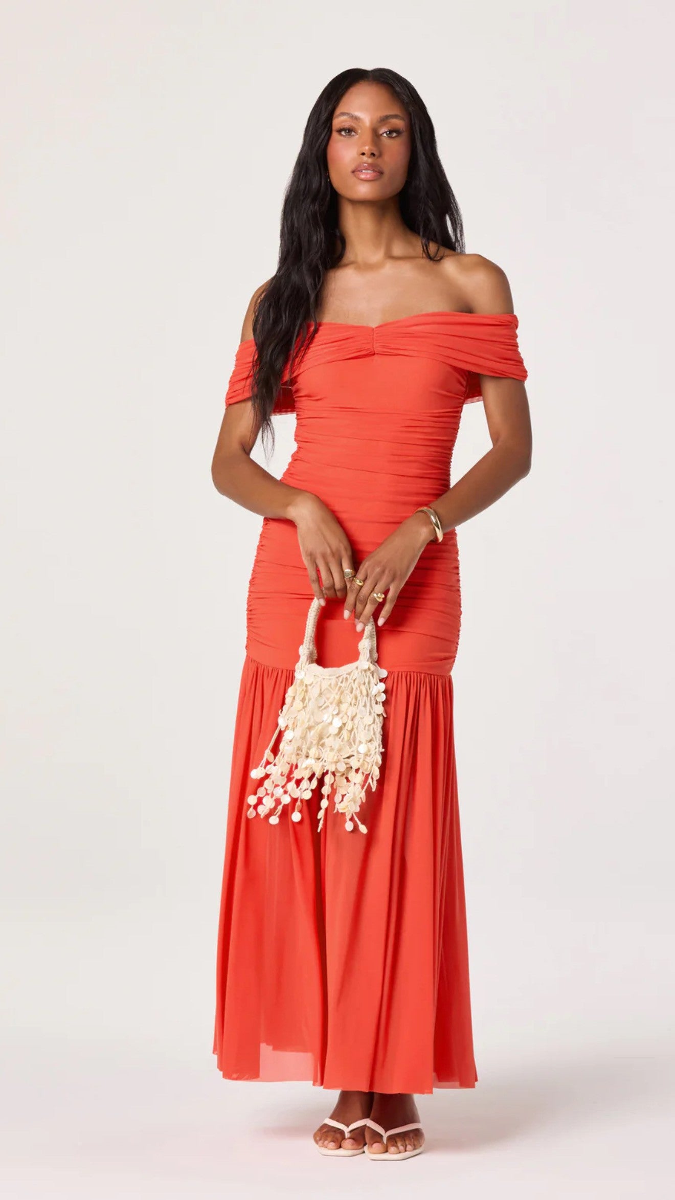 orange shirt dresses Off The Shoulder Twisted Strap Ruched Back Maxi Dress In Orange | EGO US
