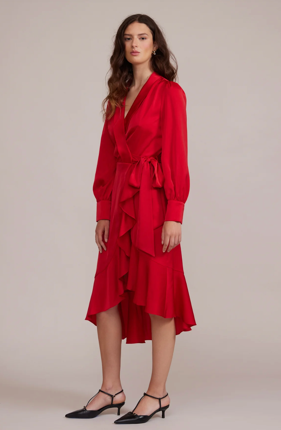 Red ruffle wrap dress hotsell